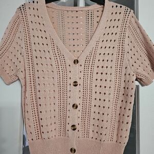 NWOTS!PINK CROCHET OPEN CUT OUT CROPPED BOTTON DOWN SWEATER! SIZE MED!